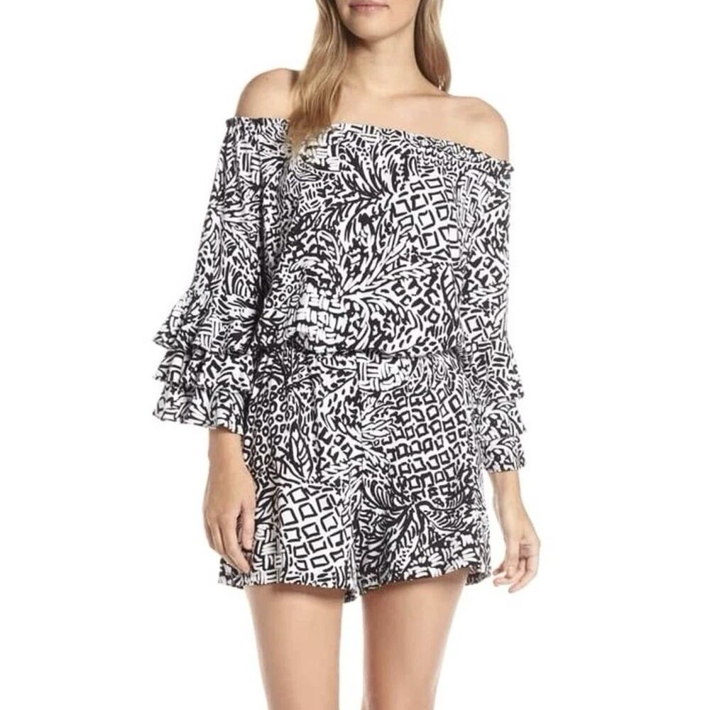 Lilly Pulitzer CALLA Off The Shoulder Romper Size Medium Onyx Home Slice